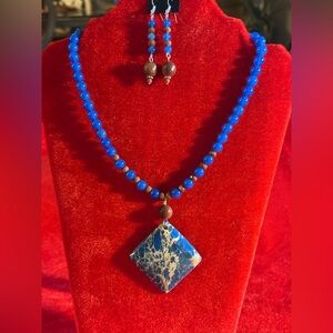 Handcrafted Blue Jade, Brown Goldstone & Imperial Jasper Necklace set.